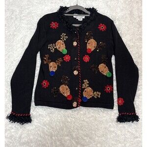 Jack B Quick Reindeer Christmas Cardigan Sweater Sz PS Pom Pom Jingle Bells